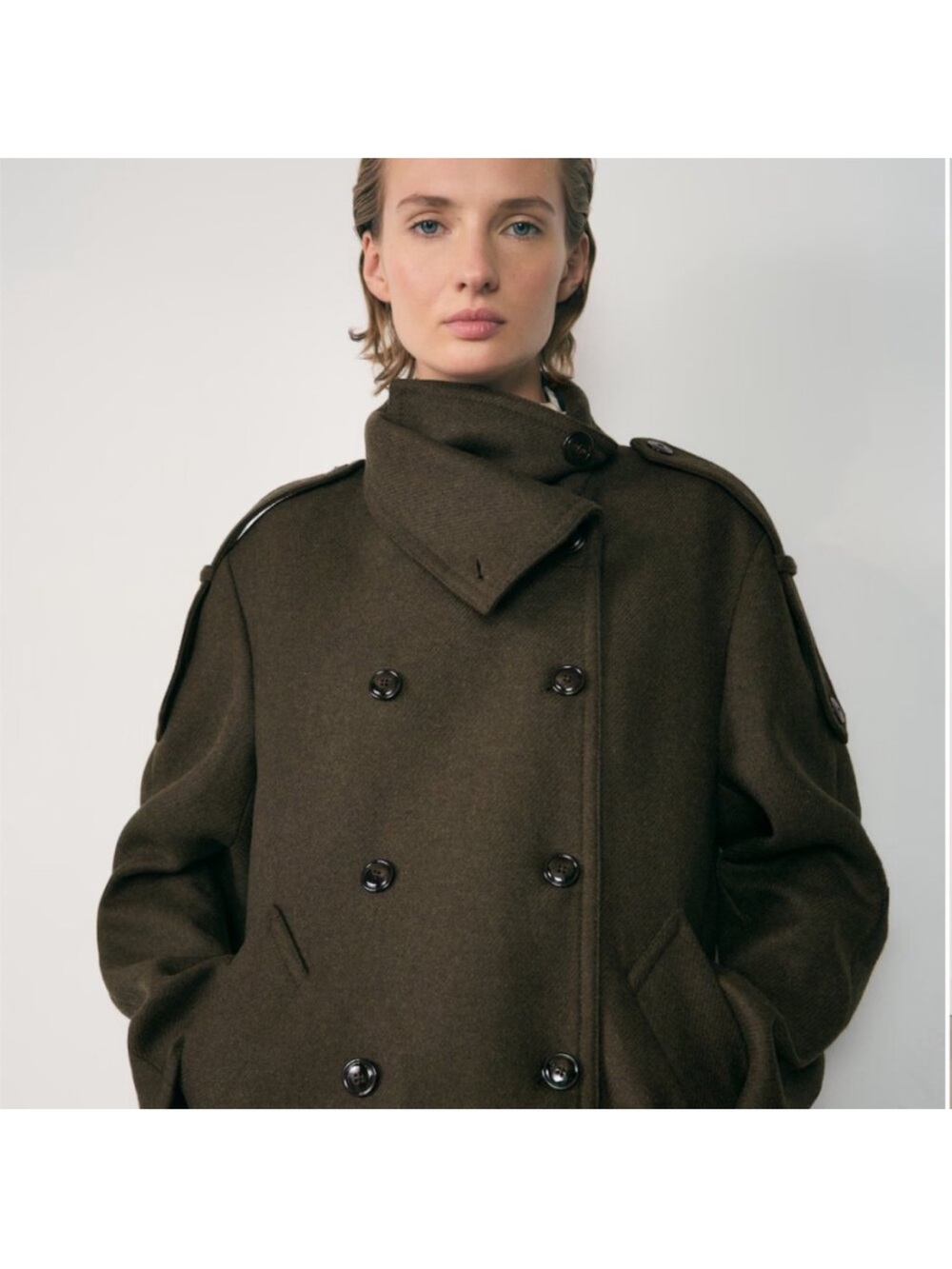 Mango Double-Breasted Pea Coat in Olive Green